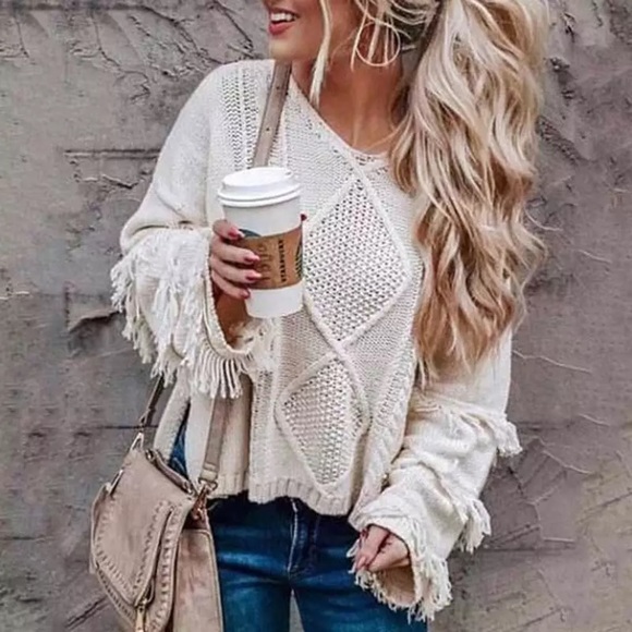 Sweaters - Cream Knit Fringe Tassel V Neck Boho Sweater